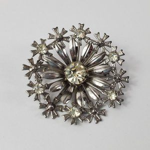 Vintage Silver-tone Rhinestone Starburst Snowflake Flower Brooch